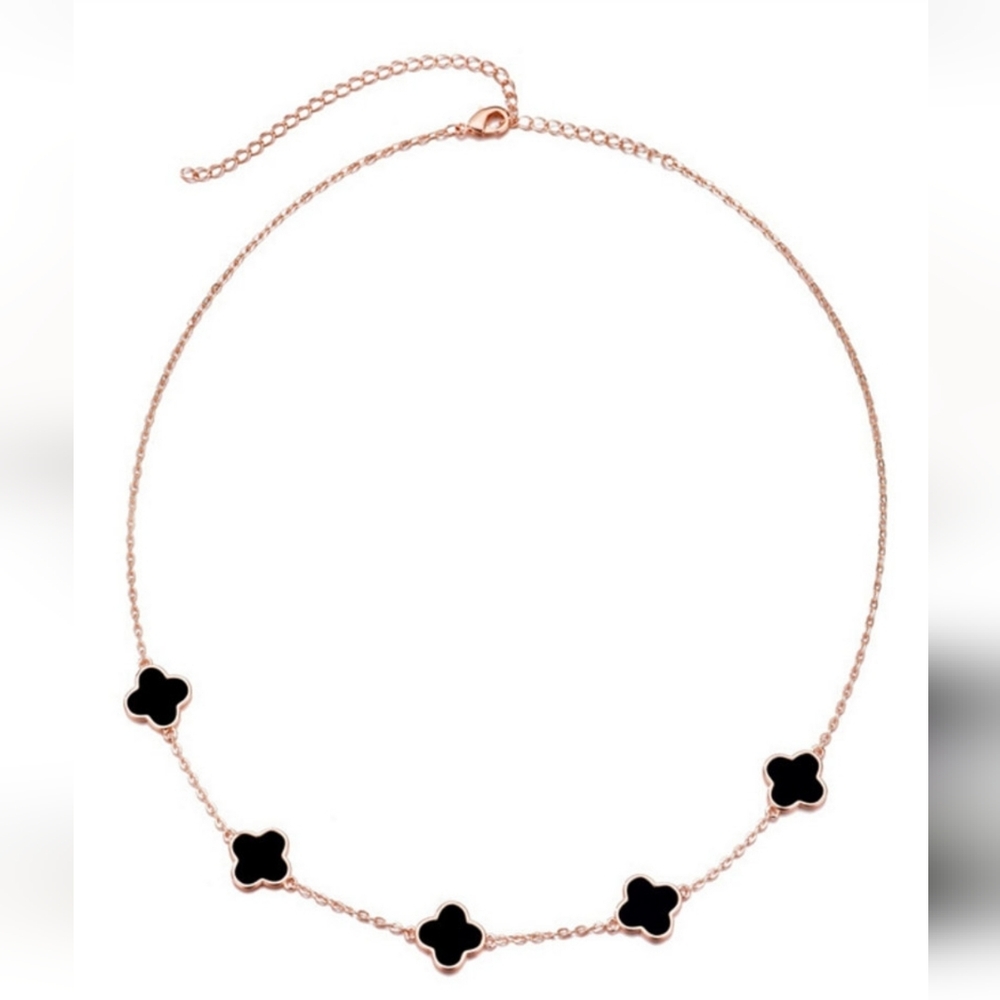 Adornia, Rose Gold Tone Necklace with Black Clover Accents, NWT - Picture 2 of 5